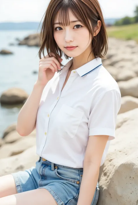 commemorative photo at a park where you can see the ocean、 in 8K,Best Quality:1.4, 超A high resolution:1.5, (photorealistic:1.4),masterpiece:1.2,(top-quality:1.4)、Raw photo、1a japanese girl、Cute、 (RAW Photo:1.2), (photorealistic:1.4), beautiful detailed gi...