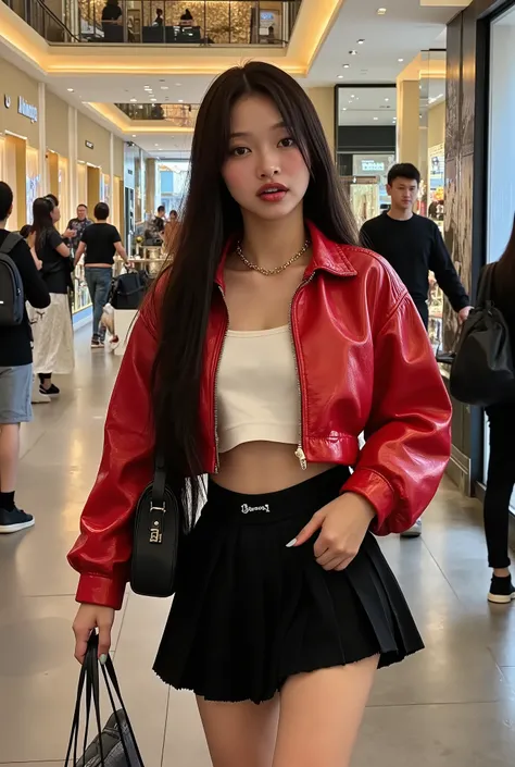 happy korean woman, 5'4"tall, wearing a red leather cropped jacket and a white tank top, paired with a knife-pleated black cotton mini skirt and black leather over-the-knee boots, low hanging necklace, perfect smile, looking away from the camera, walking a...