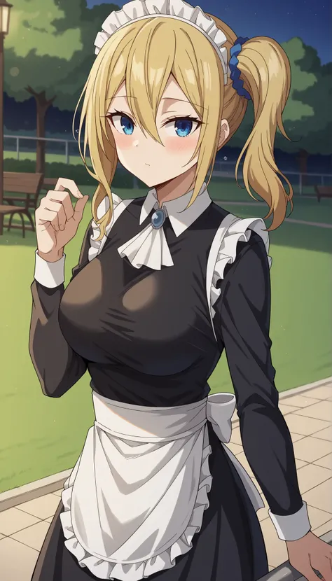 score_9, score_8_up, score_7_up, source_anime,
aihayasaka, 
ai hayasaka, bangs, blue eyes, blonde hair, hair ornament, hair between eyes, sidelocks, side ponytail, scrunchie, hair scrunchie, blue scrunchie, big breast,
shirt, long sleeves, dress, white shi...