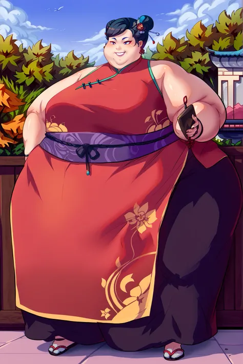 (masterpiece, best quality, high resolution, unity 8k wallpaper, extremely detailed CG:1), (illustration:1.0), 1girl,solo, Chinese clothes, sash, bare shoulders, pants, sleeveless, full body, outdoors, smile