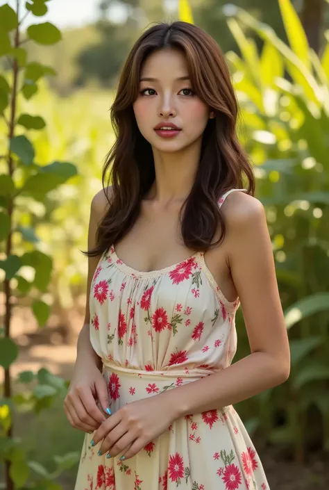 arafed korean woman wearing a long floral sundress