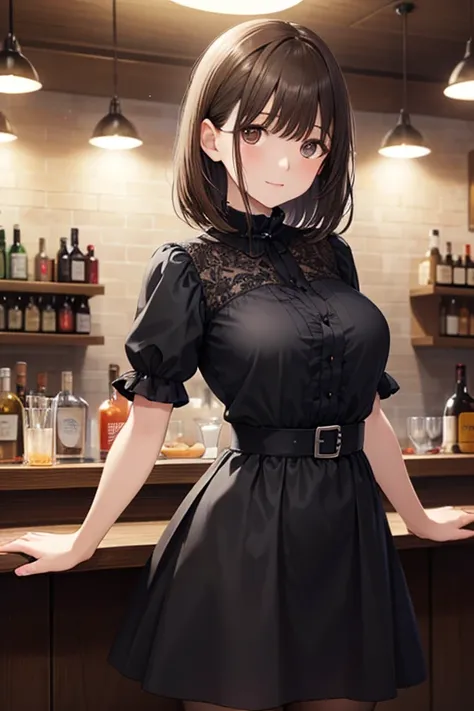 Night bar interior, female, female joven de pie en un bar nocturno, casual stance, calm expression, dark hair, Smoothie,  bright skin, black dress, bar counter,  bottle of alcohol ,  dim lighting,  humo , Elegant environment, Art Photos , dramatic lighting, real detail, 4K, high resolution, Super Detail, high quality pictures, Wide range of colors, dark tones



,((( masterpiece,  Highest Quality,  high resolution, 超 high resolution,  pixel perfect ,  description boundary, 4K, RTTX10.0))),
、Anegasaki Nene, shiny brown hair, beautiful brown eyes, smiling face, sparkling pupils, (fine grain), , highly detailed face,, (masterpiece:1.2, best quality), ((only1 girl)), ((cowboyshot：1.5))