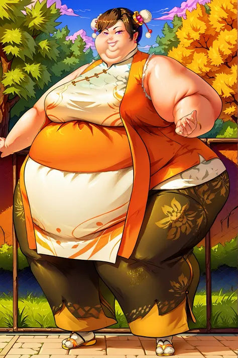 (masterpiece, best quality, high resolution, unity 8k wallpaper, extremely detailed CG:1), (illustration:1.0), 1girl,solo, Chinese clothes, sash, bare shoulders, pants, sleeveless, full body, outdoors, smile