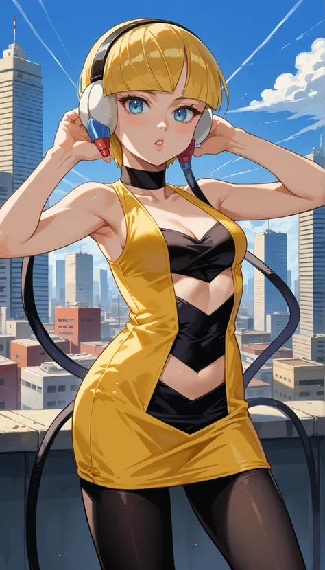 score_9, score_8_up, score_7_up, score_6_up, source_anime, BREAK 1girl,  bw1ele, blonde hair, short hair, headphones, cable, choker, cleavage, black and yellow dress, short dress, clothing cutout, navel cutout, sleeveless, pantyhose, medium breasts, lookin...