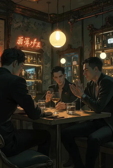 secret underground bar

hidden speakeasy

low-lit interior

dark ambient lighting

moody atmosphere

smoke-filled air

gritty noir tone

vintage decay

Characters & Composition:

eccentric people around table

bohemian misfits

debauched partygoers

myster...