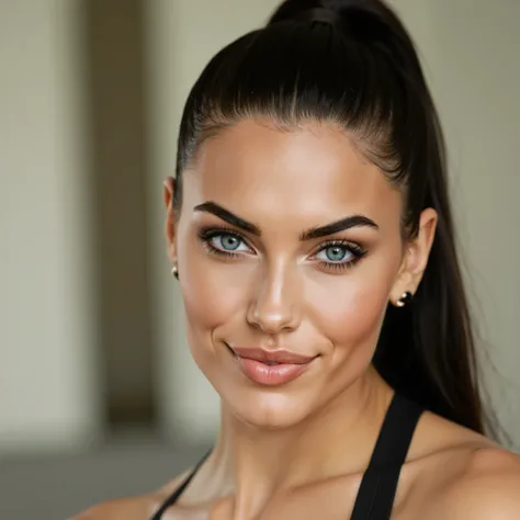 A highly realistic, high-quality portrait photo of Kai Storm, a tanned European woman with striking emerald eyes, a single chin, and smooth, matte skin. She has long black hair styled in a sleek bun or high ponytail. Her face is symmetrical and feminine, w...