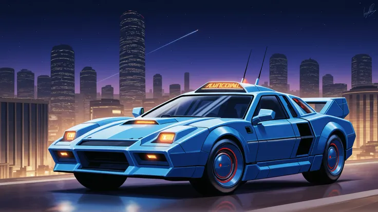 futuristic cyber car runs on city road of tall skyscrapers at night dark retro 80s landscape