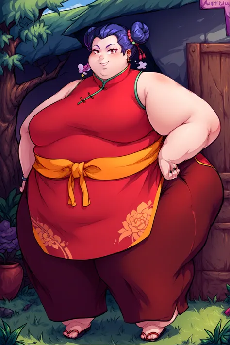 (masterpiece, best quality, high resolution, unity 8k wallpaper, extremely detailed CG:1), (illustration:1.0), 1girl,solo, Chinese clothes, sash, bare shoulders, pants, sleeveless, full body, outdoors, smile
