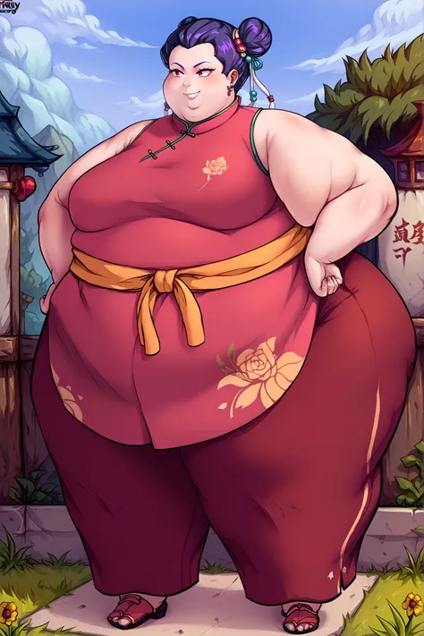 (masterpiece, best quality, high resolution, unity 8k wallpaper, extremely detailed CG:1), (illustration:1.0), 1girl,solo, Chinese clothes, sash, bare shoulders, pants, sleeveless, full body, outdoors, smile