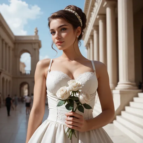 Athena stands in front of the Acropolis in Greek garb and holds a white rose in her hand.