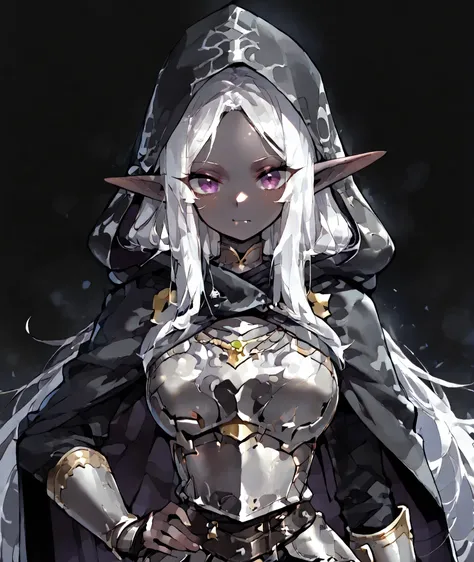 (score_9, score_8_up, score_7_up), anime, 1girl, elf, dark elf,, purple eyes, white hair, long hair, parted bangs, pointy ears, hand on hip, black cloak, black clothes, armour plates, hood off, closed mouth, innexpressive, fang, looking at viewer, black ba...