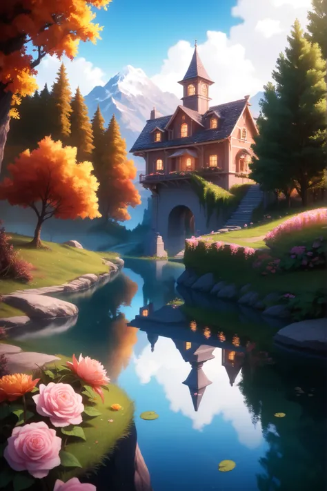 A small town by the river, mountains in the background, colorful floral flowers, detailed landscape, beautiful natural landscapes, atmospheric lighting, scorching sunset, warm colors, practical, photographic, detailed foliage, complex buildings, cobbleston...