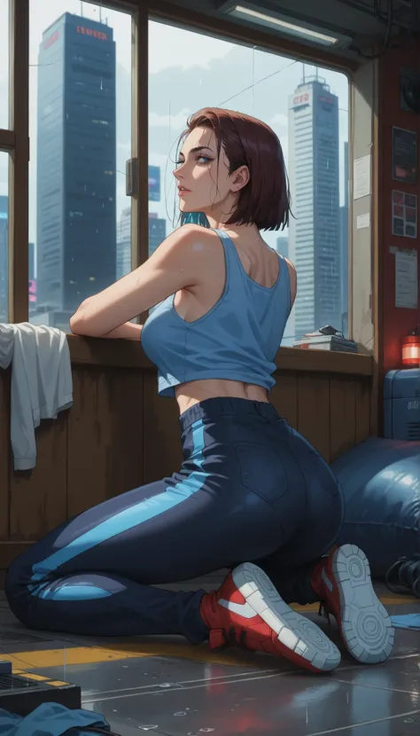A girl with a nice body and nice breasts sits on a floor cushion, back against a wall of RGB lights, lo-fi beats playing softly. Her perfect eyes glance up at the rainy window. She wears a tank top and joggers, surrounded by tech, LED shelves, and an aesth...