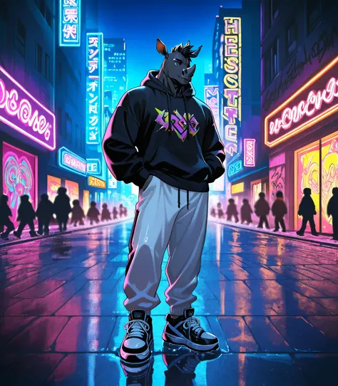 muscular black humanoid rhinoceros dancing hip hop, urban street style,  black hoodie , white sweatpants with blue and large sneakers, He is sitting on the sidewalk,  neon lights,  night city background , reflective wet pavement, anime style, detailed anat...