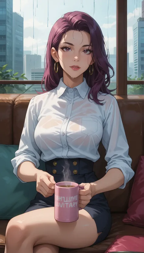A girl with a nice body and nice breasts relaxes on a couch with glowing cushions, holding a warm mug while watching synthwave visuals on a floating screen. Rain falls in the background window. Her perfect face shines with soft magenta tones, perfect eyes ...