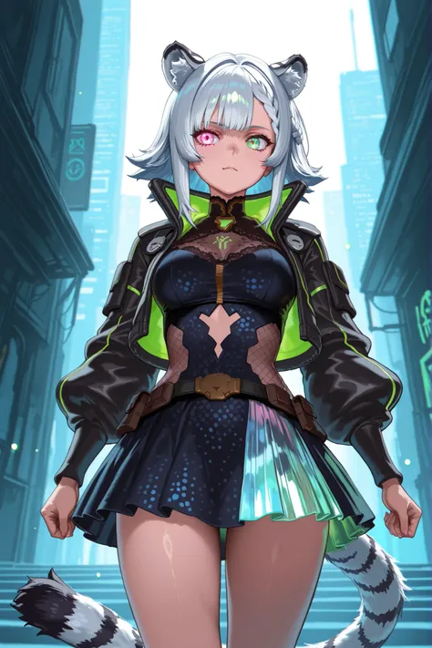 masterpiece, best quality, ultra-detailed, 8K, HDR,  
A [beautiful/elegary/mysterious] girl with white tiger ears and a fluffy tail, [long/short/messy/braided] hair in [random color: pastel pink/neon blue/silver/emerald green/multicolor ombre], glowing het...