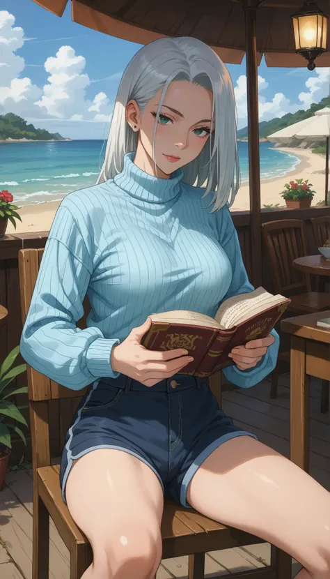 A girl with a nice body and nice breasts sits on a rattan chair under a beach pavilion, reading a book while rain falls in the background. Her perfect eyes scan the pages slowly, her perfect face glowing from the lantern beside her. She’s dressed in a swea...