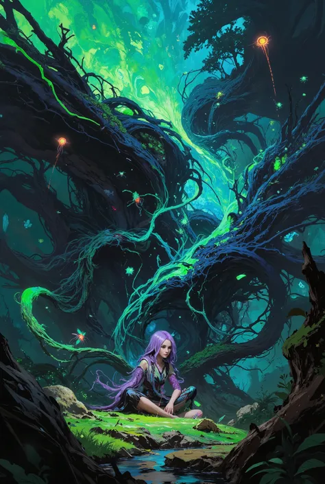 masterpiece, high-quality, A mystical woman sits cross-legged in a field of bioluminescent flowers, her long hair cascading into the earth and transforming into sprawling roots that twist and wind to form glowing forests and rivers. The camera frames her i...