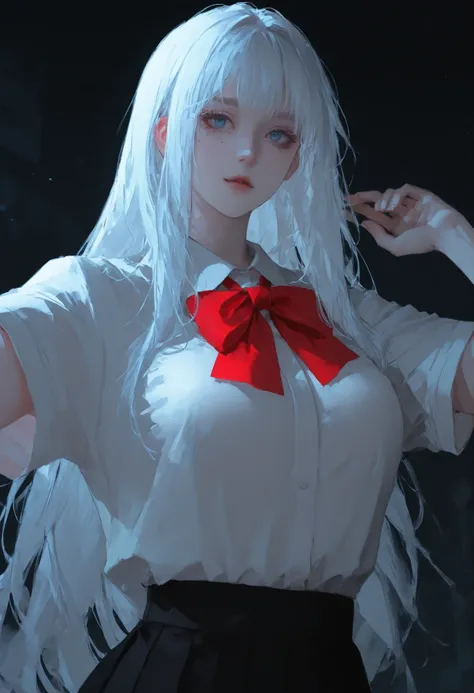 Close-up portrait, solo, 1 girl, beautiful, very long straight white hair, blue eyes, pale skin, weaing school uniform, short sleeves white shirt, red big bow tie on collar, black uniform skirt, shiny skin, small mole under her eye, large breasts, outdoor ...