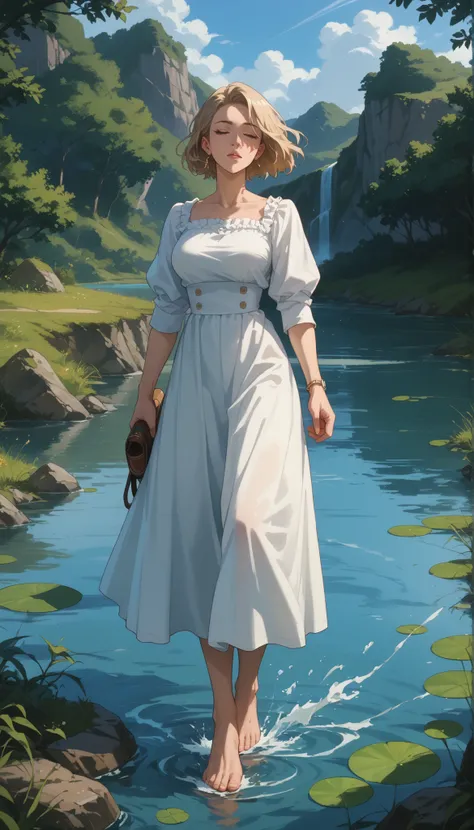 A girl with a nice body and nice breasts stands barefoot in the shallow edge of a river, holding her shoes in one hand. She wears a light dress that flows with the wind, her perfect face peaceful, perfect eyes watching the water flow beneath her.

