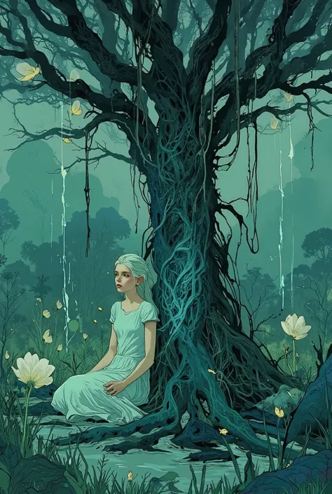 masterpiece, high-quality, A mystical woman sits cross-legged in a field of bioluminescent flowers, her long hair cascading into the earth and transforming into sprawling roots that twist and wind to form glowing forests and rivers. The camera frames her i...