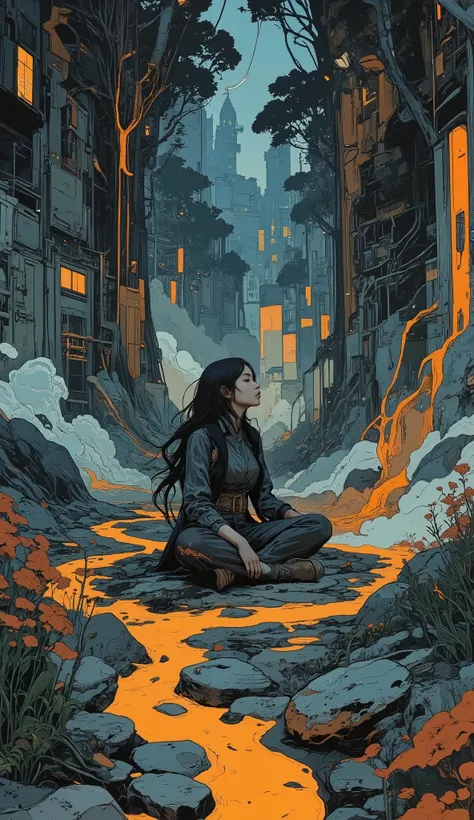 masterpiece, high-quality, A mystical woman sits cross-legged in a field of bioluminescent flowers, her long hair cascading into the earth and transforming into sprawling roots that twist and wind to form glowing forests and rivers. The camera frames her i...