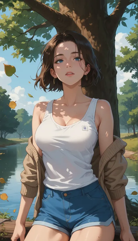 A girl with a nice body and nice breasts studies with a notebook on her lap by the river under a willow tree. Wearing a loose cardigan over a tank top and shorts, her perfect eyes are focused, perfect face framed by falling leaves and soft sunlight.

