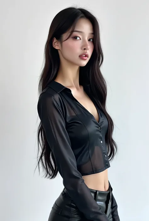 side profile image of an Korean woman, instagram model with a shiny white satin button down shirt, black leather pants, side view, white studio background
