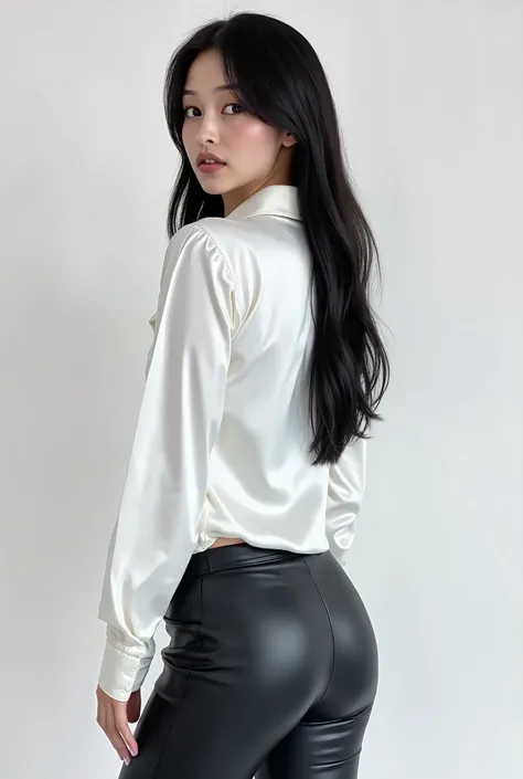 Korean woman, instagram model with a shiny white satin button down shirt, black leather pants, back view, looking over her shoulder at the camera, white studio background