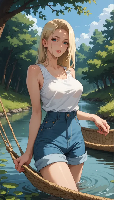 A girl with a nice body and nice breasts relaxes in a hammock tied between two trees near a wide, flowing river. She wears a sleeveless tee and shorts, her perfect eyes half-closed, enjoying the breeze, her perfect face bathed in soft afternoon light.

