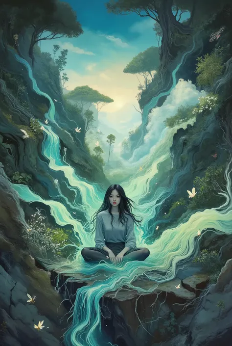 masterpiece, high-quality, A mystical woman sits cross-legged in a field of bioluminescent flowers, her long hair cascading into the earth and transforming into sprawling roots that twist and wind to form glowing forests and rivers. The camera frames her i...