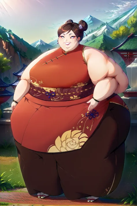 (masterpiece, best quality, high resolution, unity 8k wallpaper, extremely detailed CG:1), (illustration:1.0), 1girl,solo, Chinese clothes, sash, bare shoulders, pants, sleeveless, full body, outdoors, smile