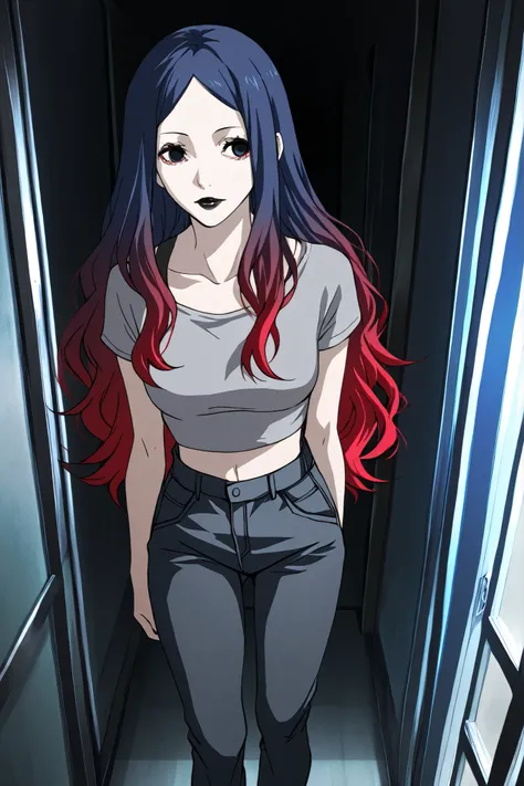 1girl, solo, Tokyo ghoul anime style, long hair, blue to red gradient hair, no bangs, gren eyes, black lipstick, wearing grey crop top and black baggy jeans, standing near window in corridor, masterpiece, high quality