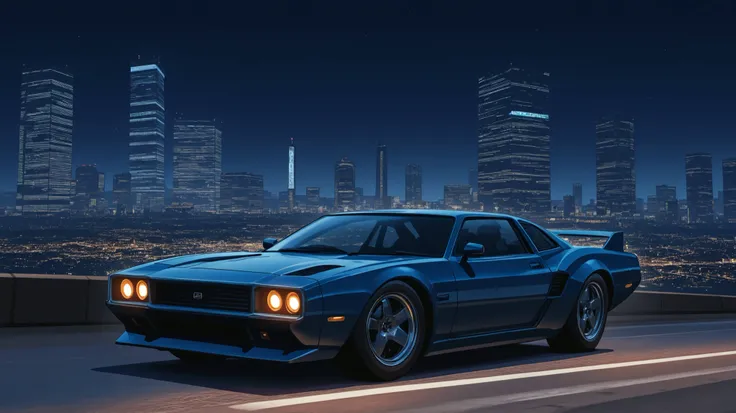 futuristic car landscape runs on city road of tall skyscrapers at night dark retrofurism 90s landscape