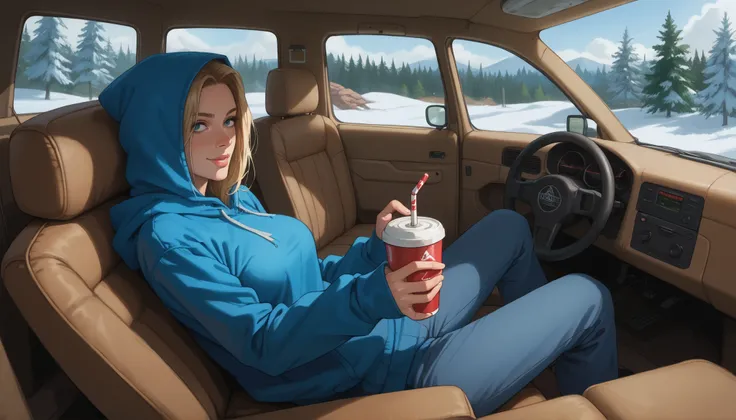 A girl with a nice body and nice breasts lounges on a camping chair by the riverbank, wrapped in a thermal blanket. Snow gently falls around her. Wearing a hoodie and insulated pants, her perfect face relaxes into a soft smile, perfect eyes reflecting the ...