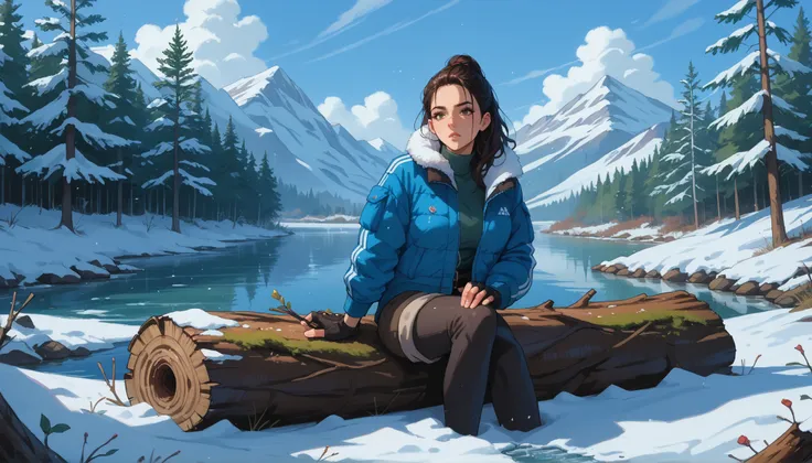 A girl with a nice body and nice breasts sketches quietly in a notebook while sitting on a snow-covered log near the river. She wears a padded jacket and fingerless gloves, her perfect face concentrated, her perfect eyes following the icy scenery.