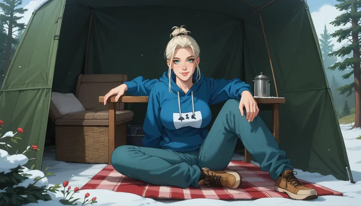 A girl with a nice body and nice breasts lounges on a camping chair by the riverbank, wrapped in a thermal blanket. Snow gently falls around her. Wearing a hoodie and insulated pants, her perfect face relaxes into a soft smile, perfect eyes reflecting the ...