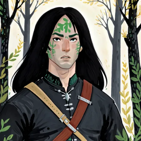 2D ART, hyper detailed gouache painting, illustration, gougoupaintleaves style, portrait of a man, 1boy, solo, long_hair, black hair brushed back, dark elf, black eyes, black_sclera, detailed face, handsome features, dark medieval tunic, pointy ears, stand...