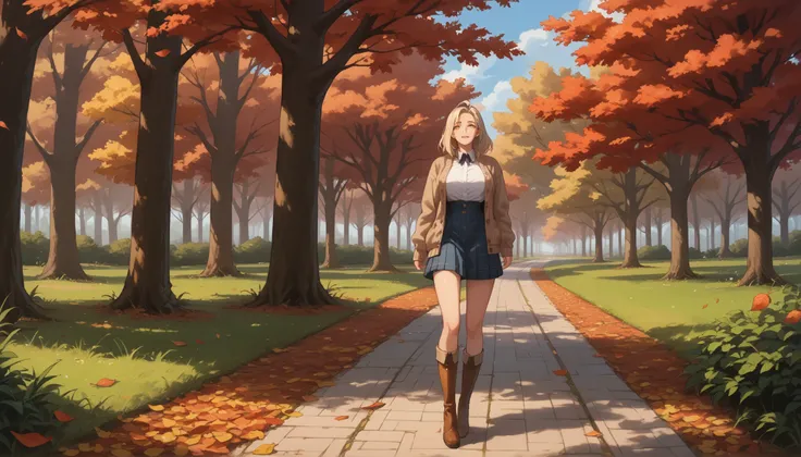 A girl with a nice body and nice breasts walks slowly through a tree-lined park path covered in amber and red leaves. Wearing a long cardigan and boots, her perfect face is thoughtful, perfect eyes gazing up at the falling foliage.

