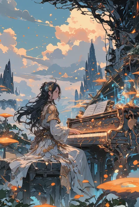 a graceful woman with long flowing hair and a calm, focused expression, wearing an elegant fantasy-style gown with layered fabrics, embroidered patterns, and a flowing cloak, sitting at a glowing fantasy piano with crystal keys and carved wooden vines, her...