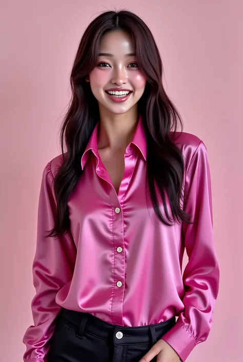 happy Korean woman with a perfect smile in a pink shirt and black pants posing for a picture, 8 k sensual lighting, pink shirt, pink vibe, satin, high - end fashion photoshoot, wearing a blouse, with soft pink colors, pink, beautiful, magenta shirt, alluri...
