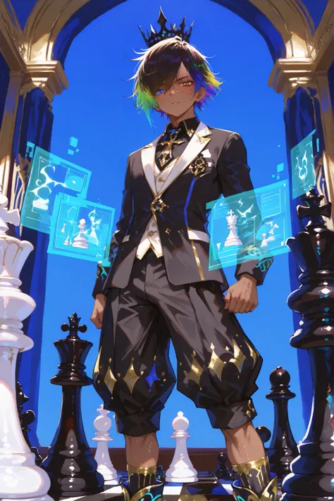 petite chess themed young slim athletic black tanned skinned manly boy boy focused boy young  old boy, smooth glowing fair skin, unique messy layered messy  hair split into pure white with neatly trimmed sides, side-swept bangs partly covering one eye, sha...