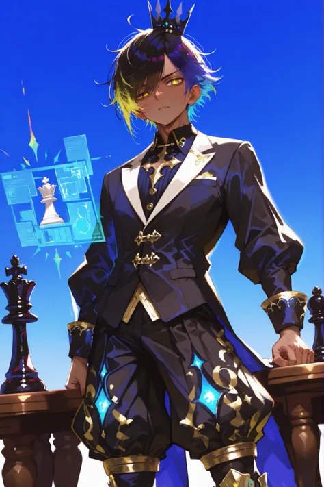 CLOSE UP, chess themed young slim athletic black tanned skinned manly boy boy focused boy young  old boy, smooth glowing fair skin, unique messy layered messy  hair split into pure white with neatly trimmed sides, side-swept bangs partly covering one eye, ...