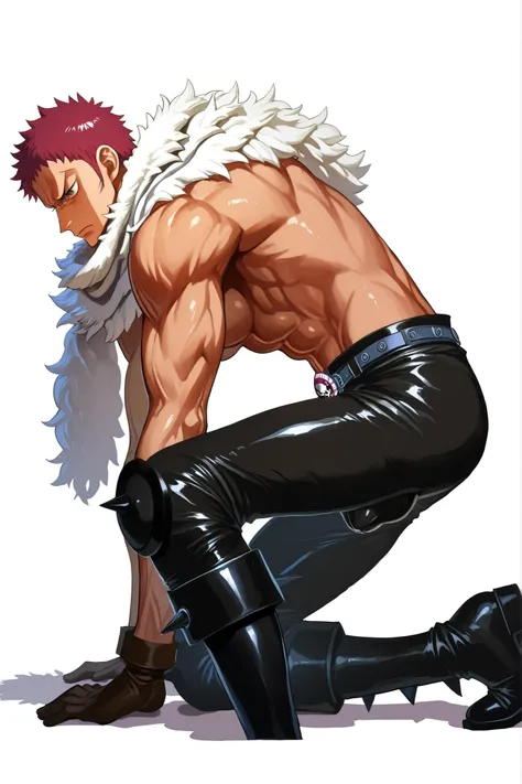 white background. Katakuri da One Piece, full figure, 1 uomo, side view, While crawling, alto, nudo, muscoloso, Broad Shoulders, bulge, serious expression, white scarf around your neck, black boots , Look to the left. Ground Shadow