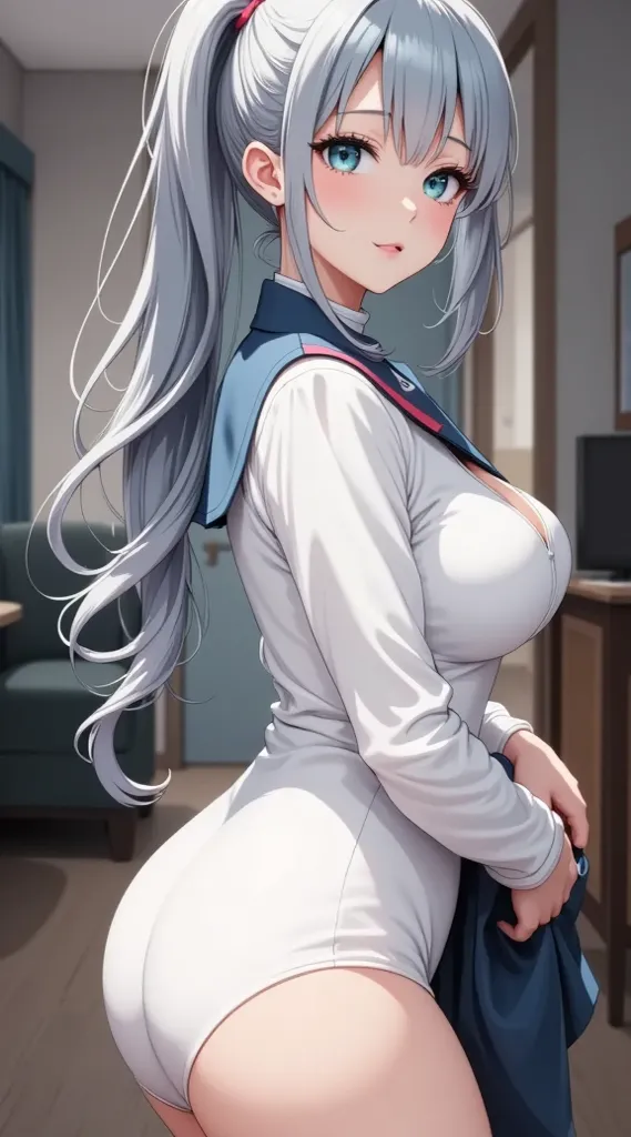  (masterpiece,  computer, mejor quality,  Clear focus, shadow, anime style, ultra high resolution, 8K, perfect anatomy, rostro perfecto, (detailed face), (  Detailed eye  ), score_9, score_8_up, score_7_up, score_6_up, score_5_up, score_4_up,  source _Animated, Label 1, Label2, quality_masterpiece, Anatomically Correct, beautiful face, rostro perfecto, Beautiful and highly detailed face and eyes, Attractive face, detailed face, delicate facial features, detailed leather, pechos enormes, breast size cup D or DD, caderas anchas, gigantic butt texture, thick thighs. Anime-style illustration with a sensual and attractive appearance, of long wavy hair in a shade of silver blue,  tied in a tall ponytail , large bright turquoise eyes, sweet and slightly blushed expression. He wears a white fitted knitted bodysuit with a high collar and a pronounced side cut that highlights his voluptuous figure. He wears a light blue jacket with red details on the shoulders, hanging from his arms. Interior room background with unfocused furniture. Modern Japanese illustration art style, main focus on the face and torso.
