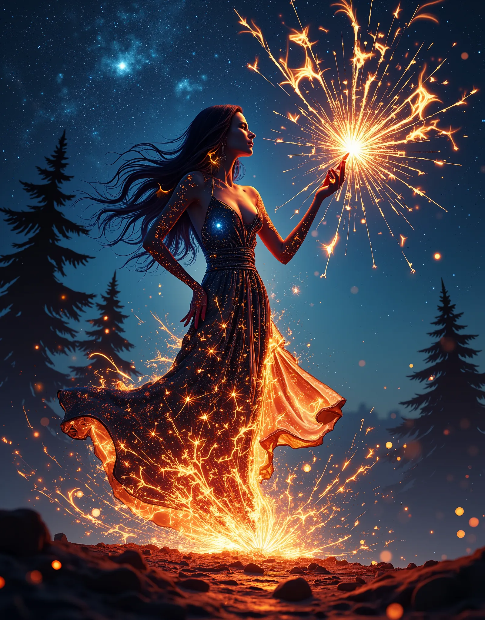 dancing woman's silhouette、sets fire to space from a sparkler candle in multiple exposure style, abstract silhouette with celestial map featuring nebulae and galaxies , graceful posture, Epic Figure , beautiful face above the castle gate, pearlescent col...