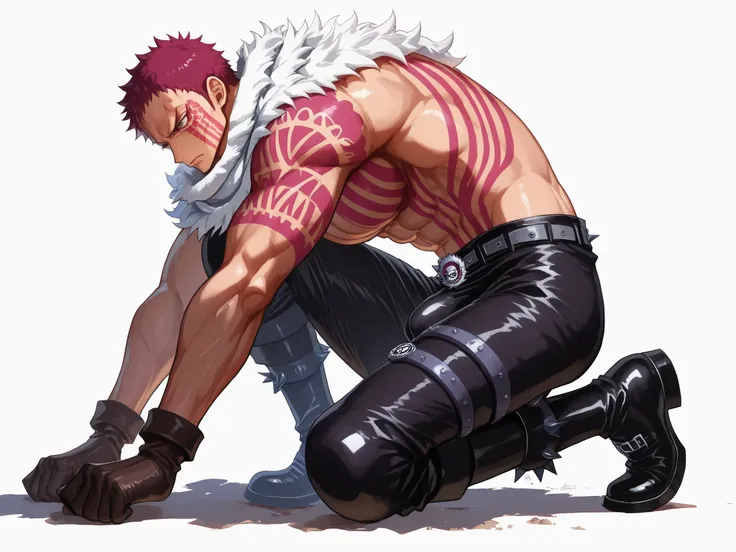white background. Katakuri da One Piece, full figure, 1 uomo, side view, While crawling, Knees on the ground, alto, nudo, muscoloso, Broad Shoulders, bulge, serious expression, white scarf around her neck, black boots , Look to the left. Pink tattoos on t...