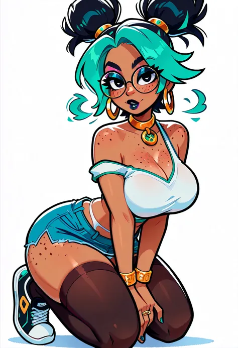 masterpiece, best quality, very aesthetic, absurdres, safe, (masterpiece), 1girl, solo, best quality, expressive eyes, perfect face, newest, perfect anatomy, flawless face, dark skinned African female with pigtails and glasses, hoop earrings, gold rings, o...