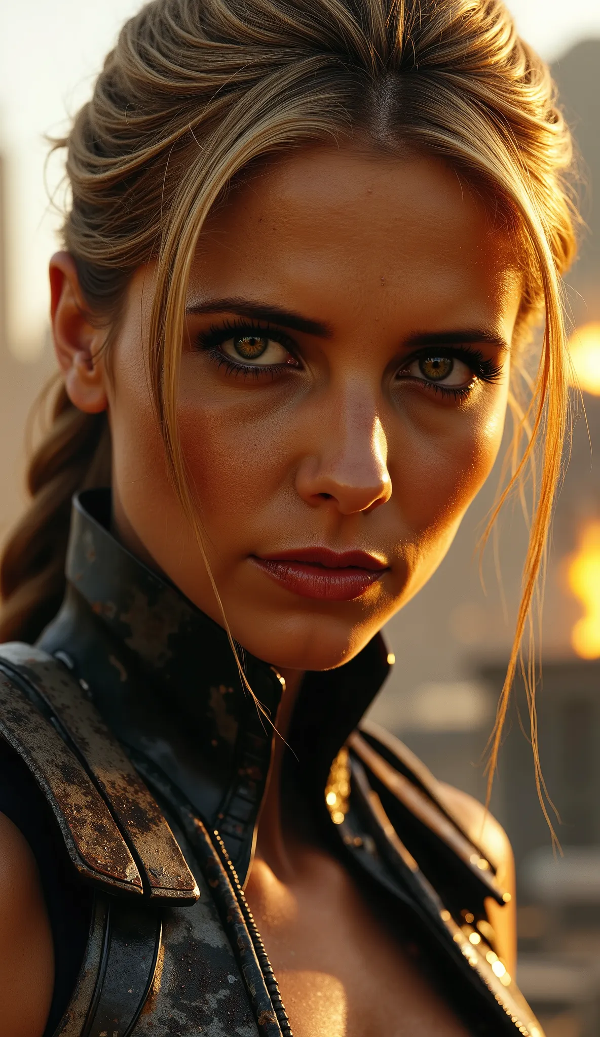 Hyperrealistic Close-up of Scarlett Johansson's face as Sonya Blade, covered by soot and dust, with determined eyes. Metallic details of the uniform are partially burned and scratched.  The lighting is warm , with orange and heavy shadows. The background s...