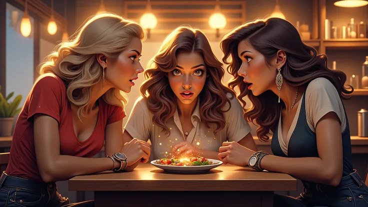 three girls in their 20s sitting at a table in an atmospheric cafe drinking coffee and talking, with eyes wide open they are surprised and shocked. they are all beautifully dressed. the girls are completely different from each other. one girl with blonde h...